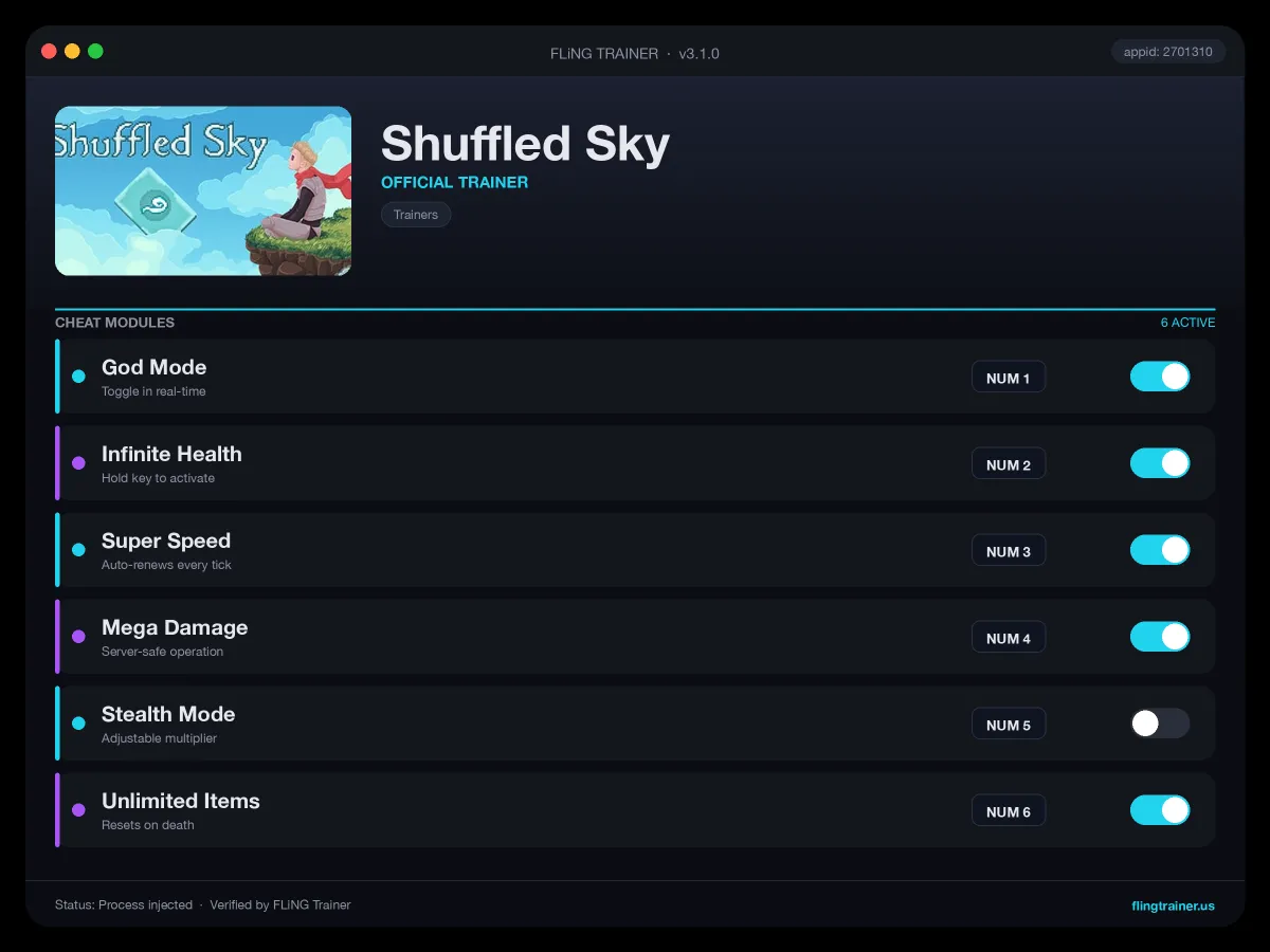 Shuffled Sky Trainer interface