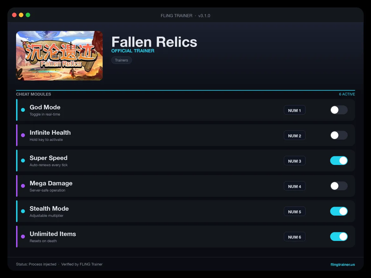 Fallen Relics Trainer interface