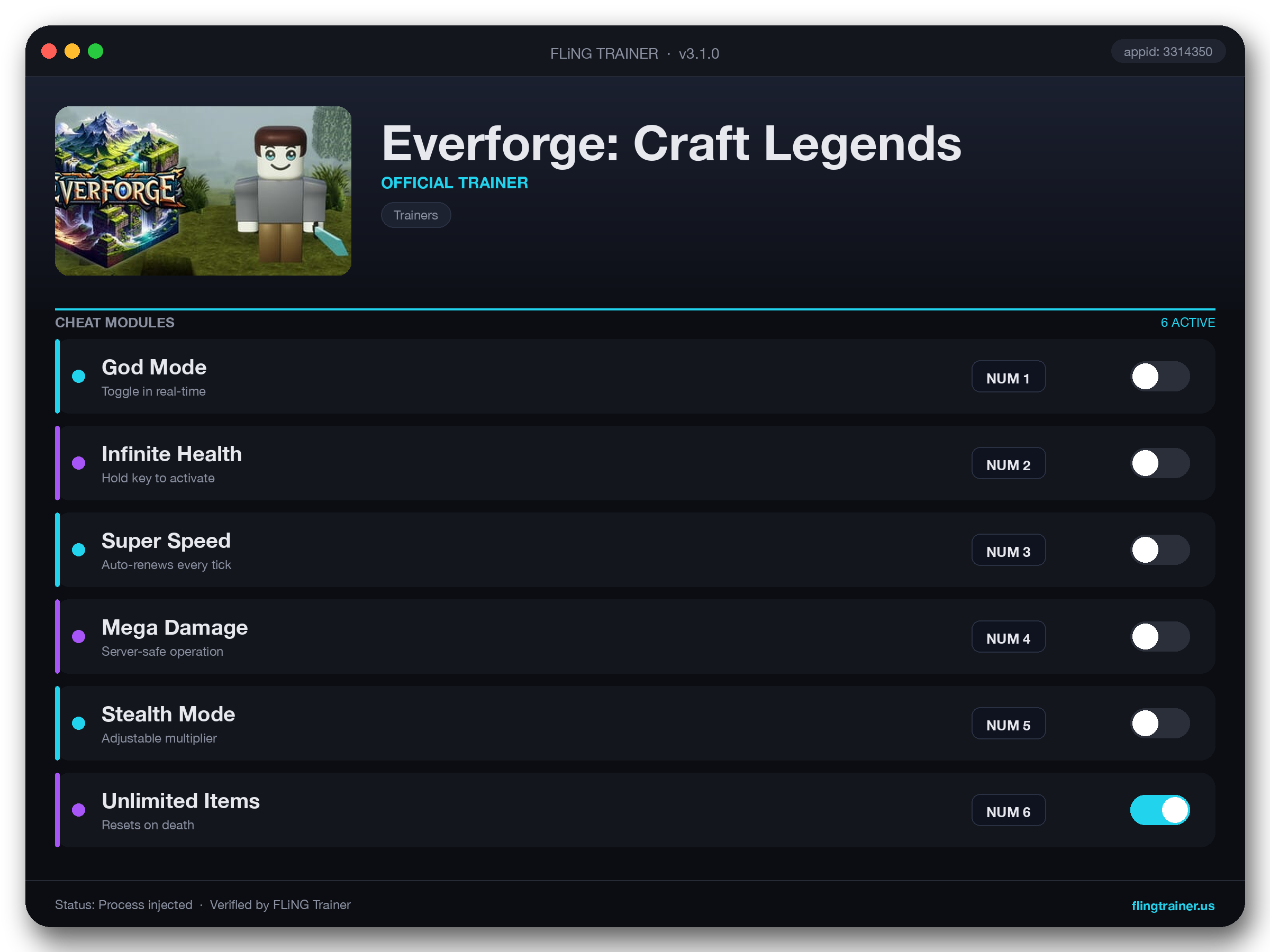 Everforge: Craft Legends Trainer interface