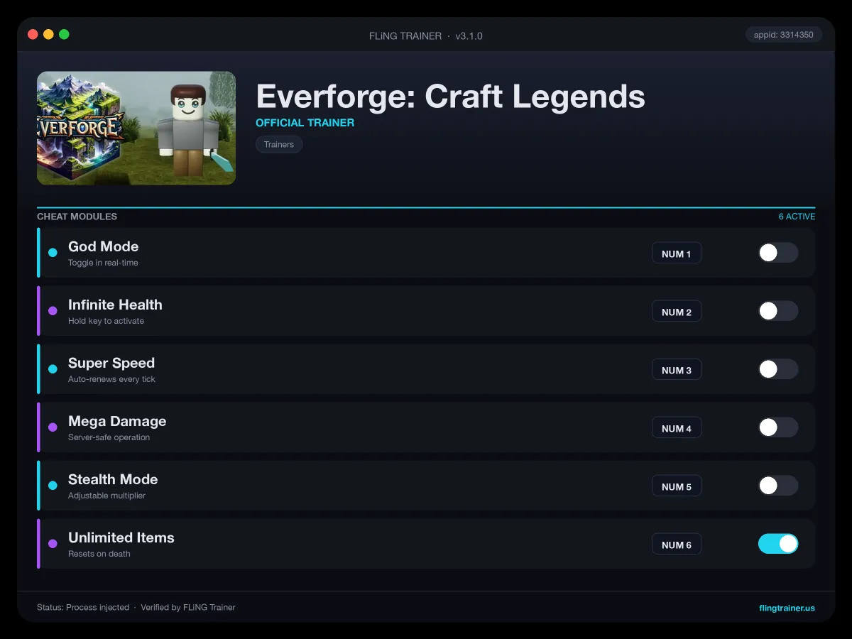 Everforge: Craft Legends Trainer interface
