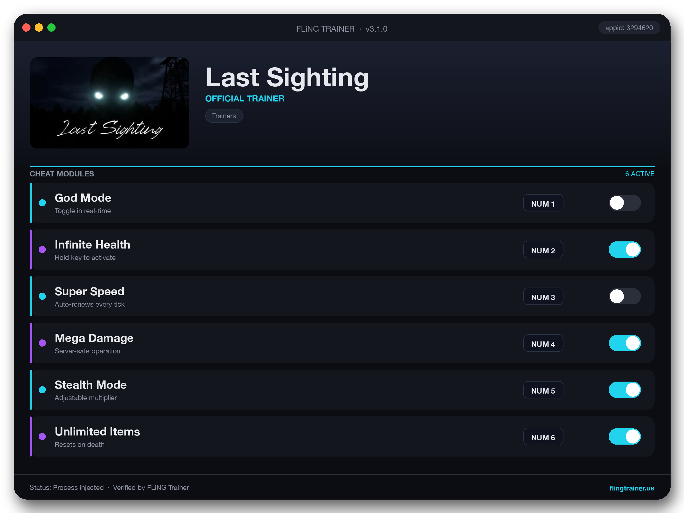 Last Sighting Trainer interface