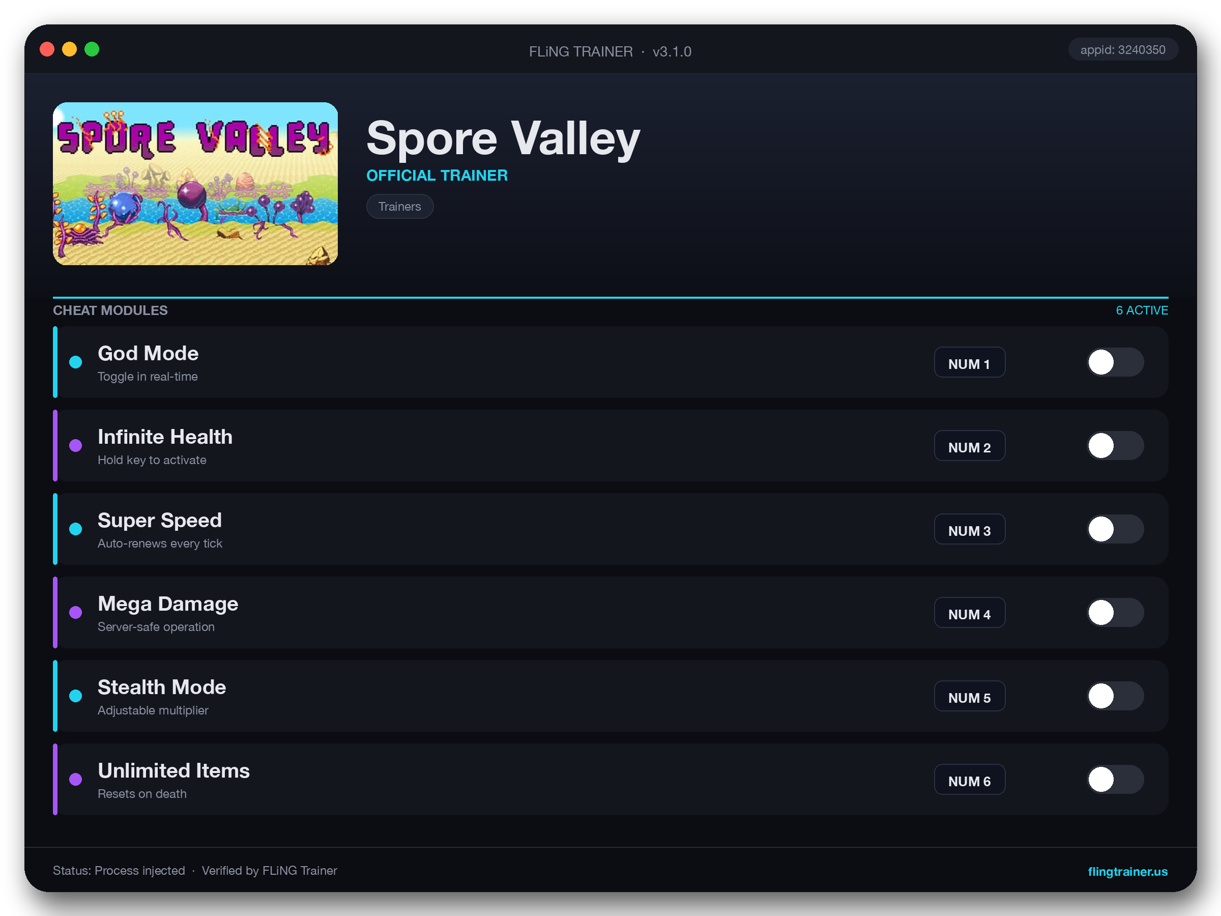 Spore Valley Trainer interface