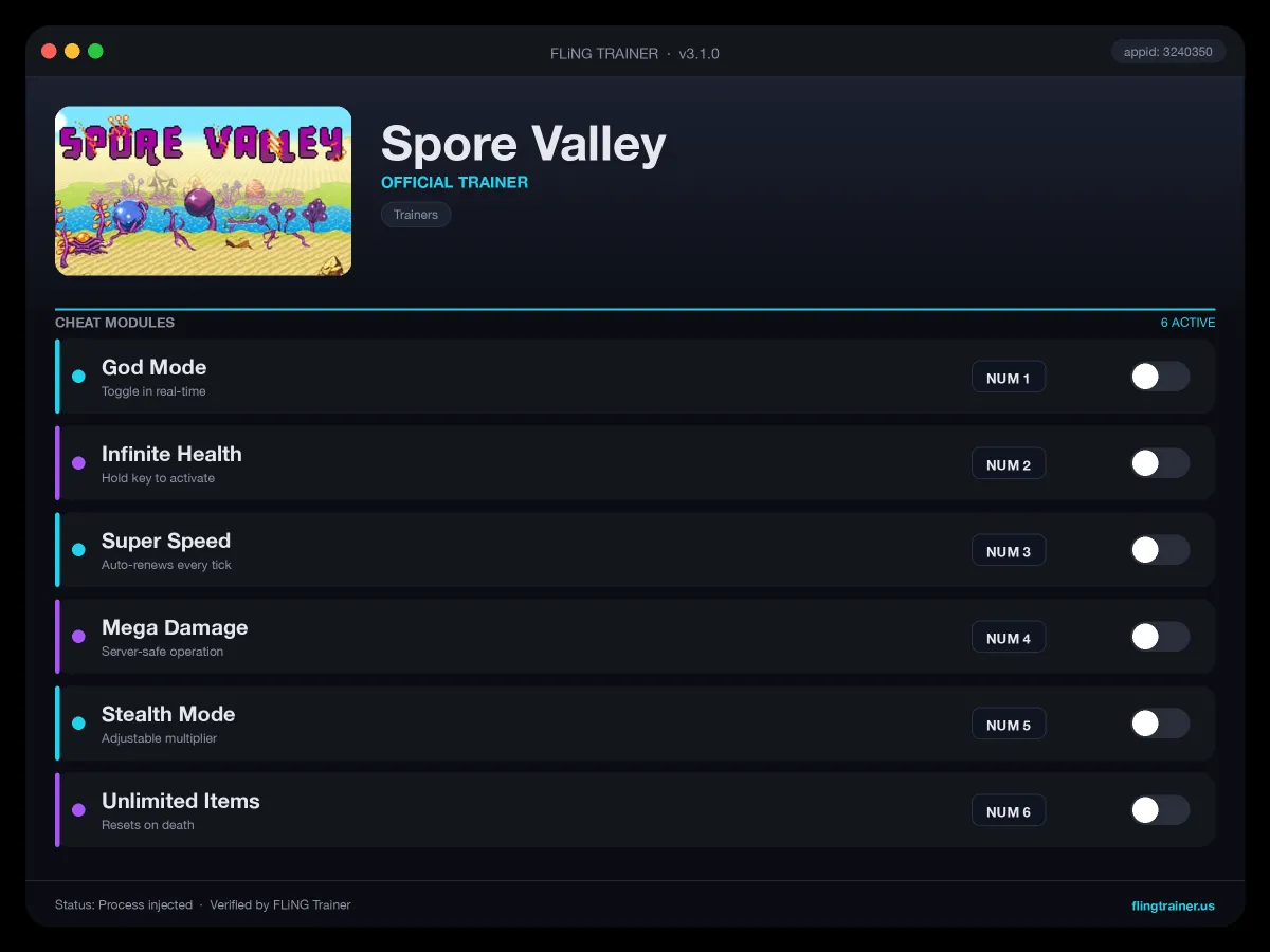 Spore Valley Trainer interface