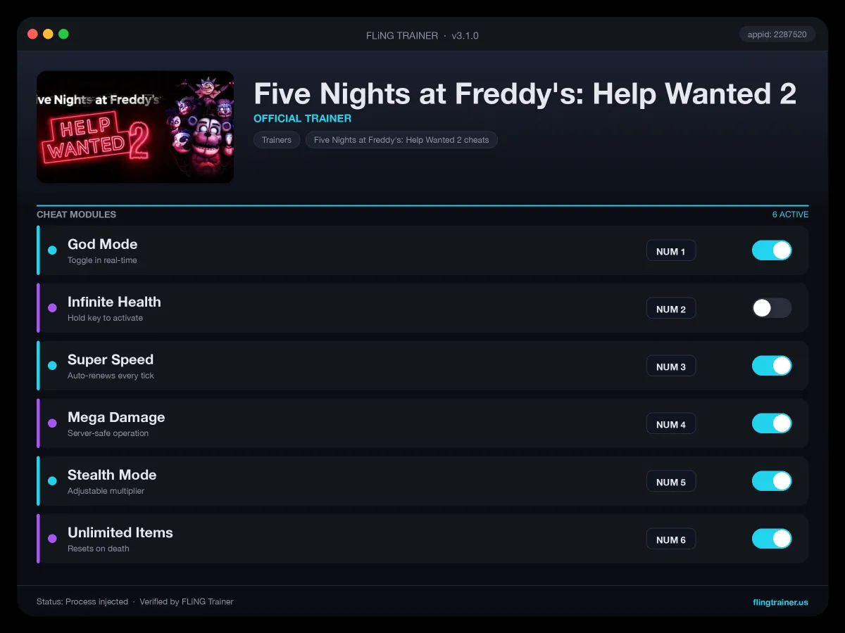 Five Nights at Freddy's: Help Wanted 2 Trainer interface