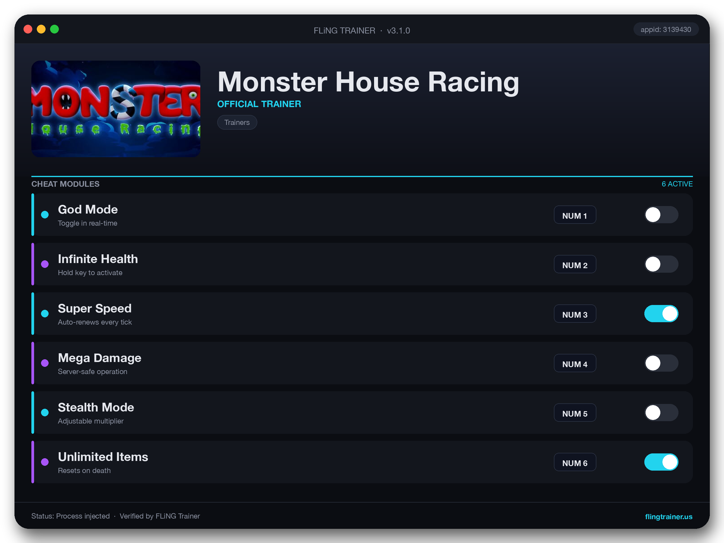 Monster House Racing Trainer interface