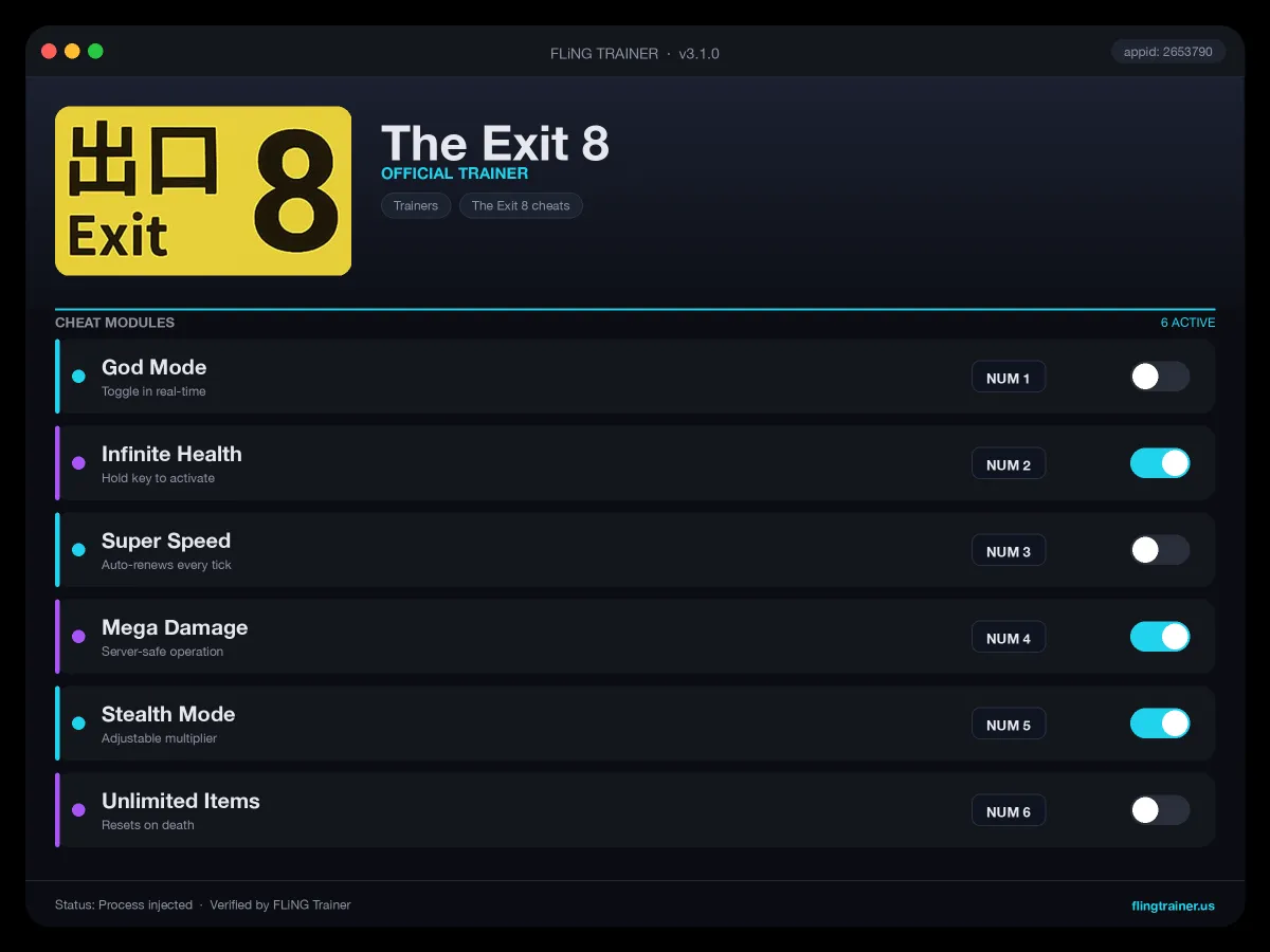 The Exit 8 Trainer interface
