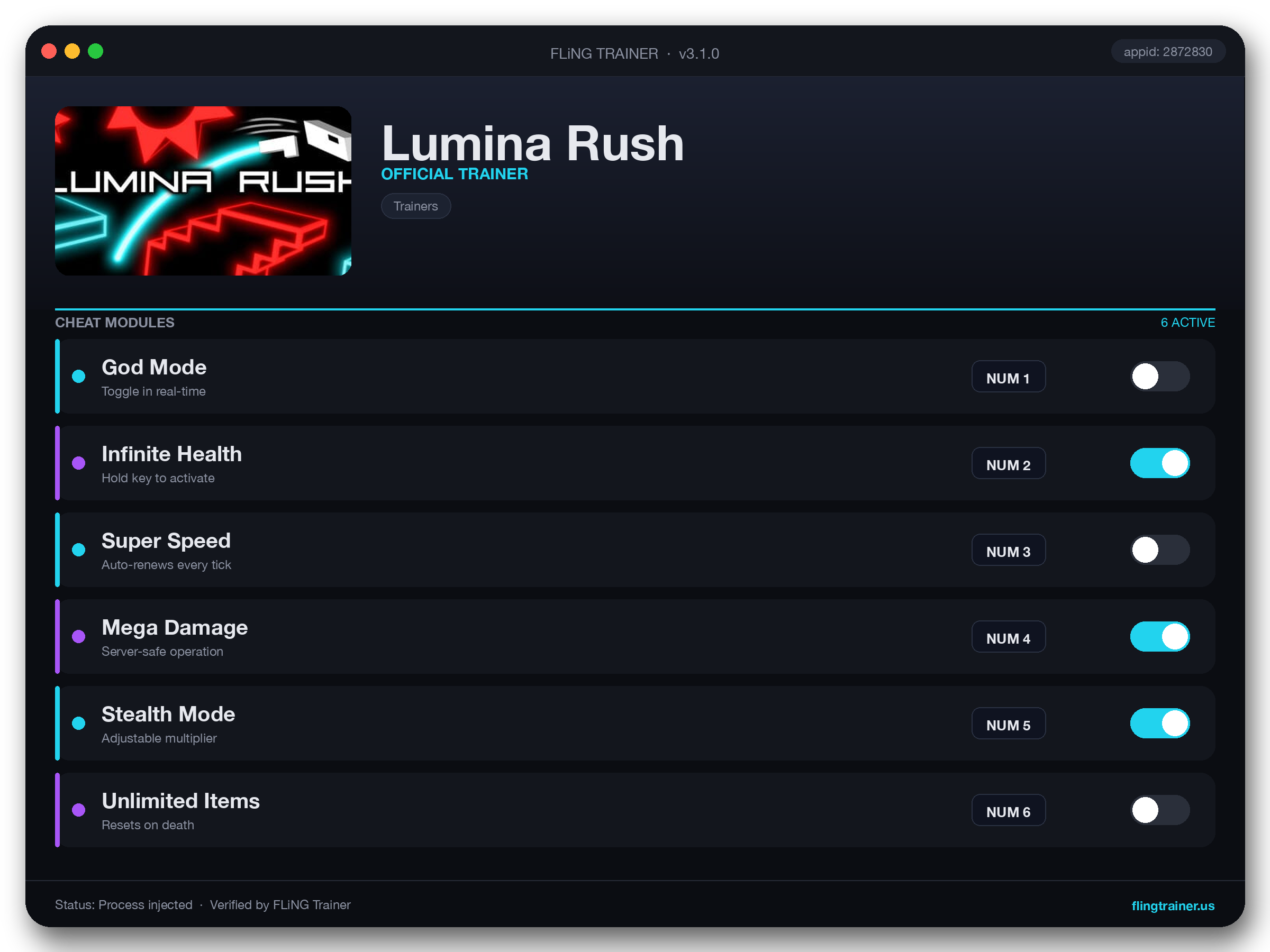 Lumina Rush Trainer interface