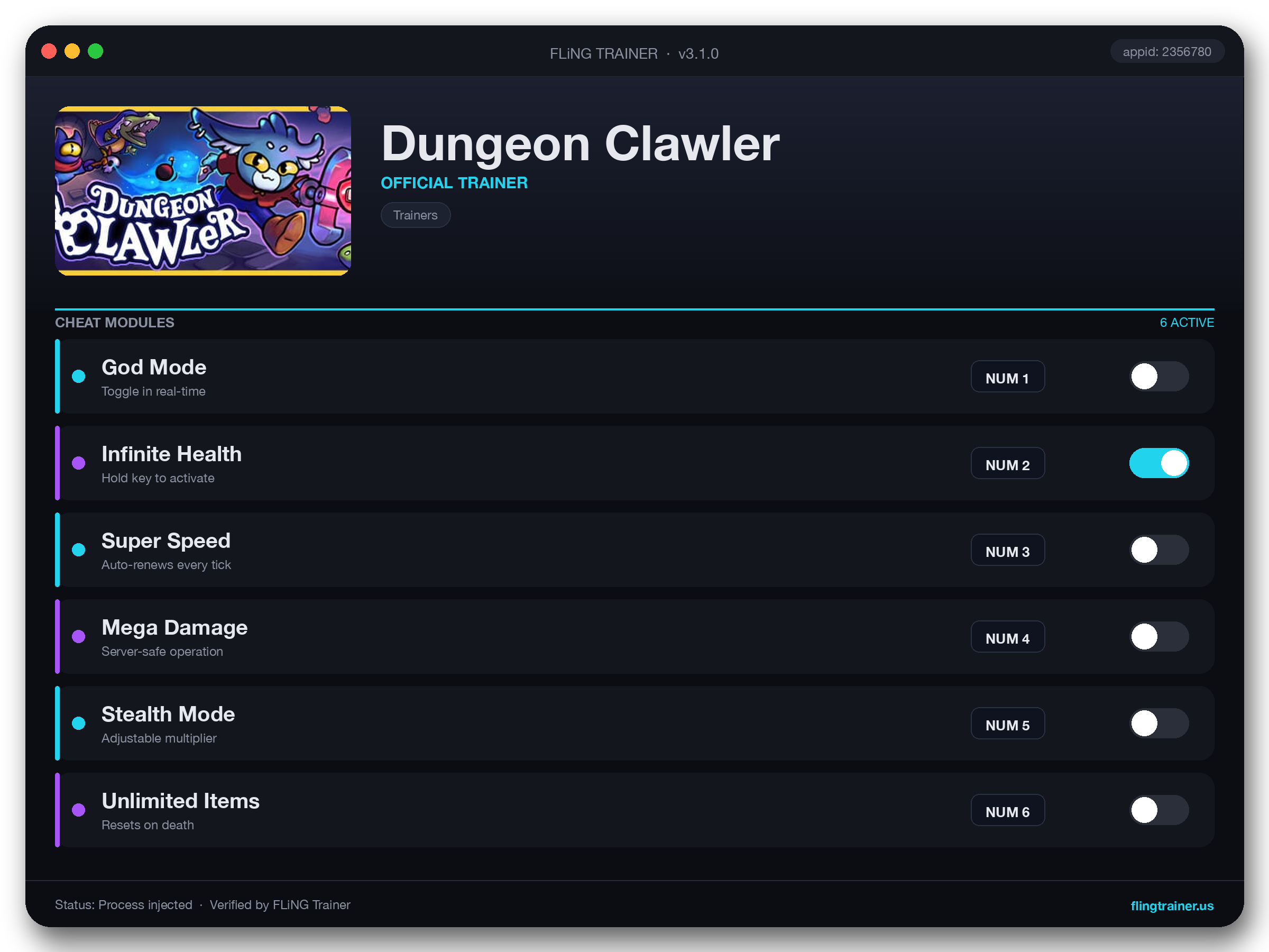 Dungeon Clawler Trainer interface