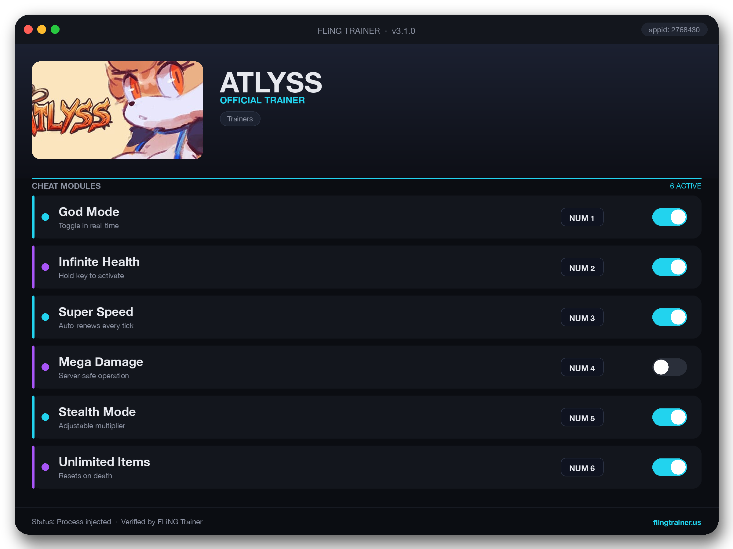ATLYSS Trainer interface