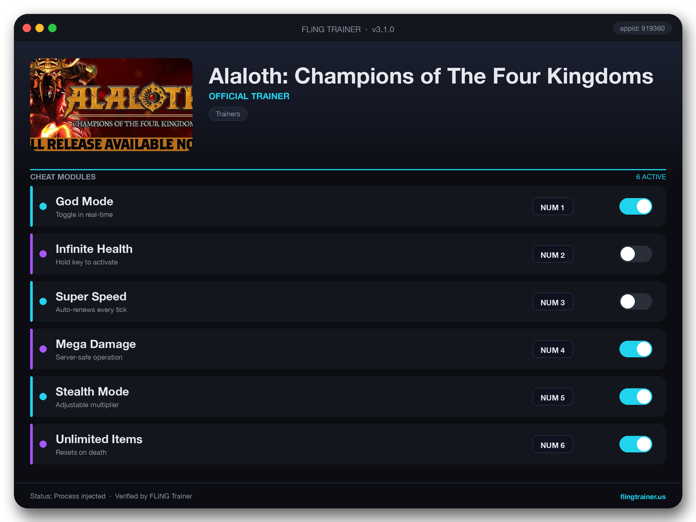 Alaloth: Champions of The Four Kingdoms Trainer interface