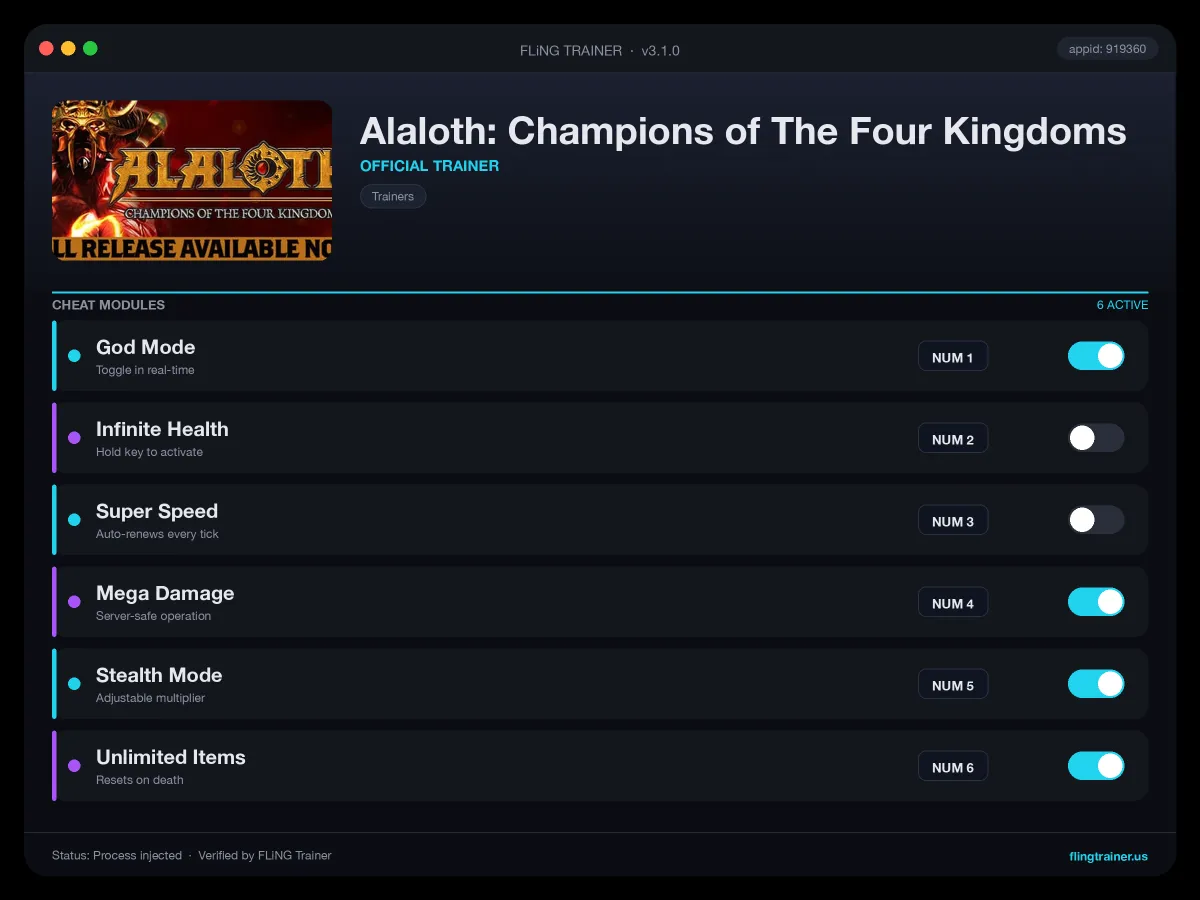 Alaloth: Champions of The Four Kingdoms Trainer interface