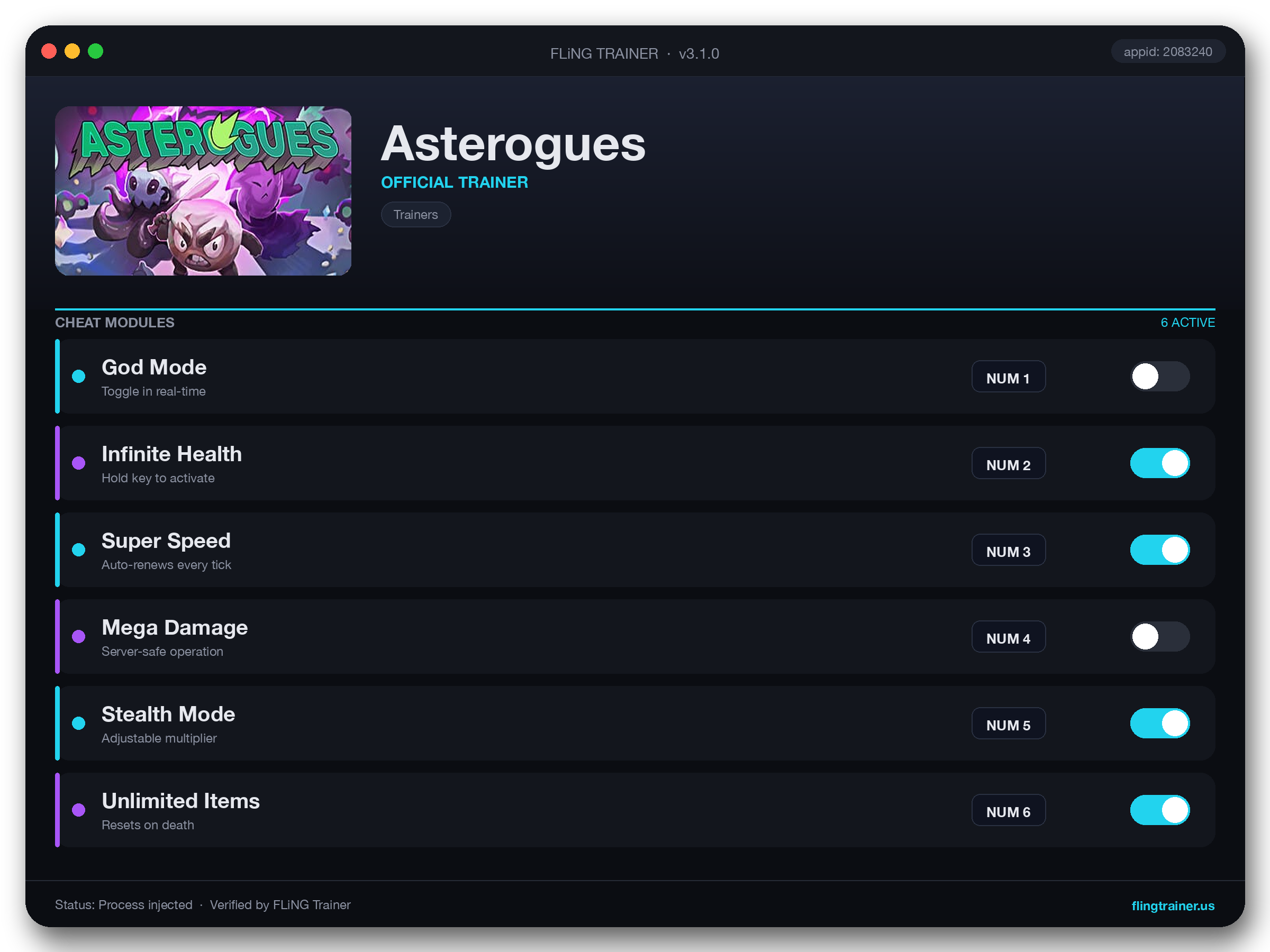 Asterogues Trainer interface