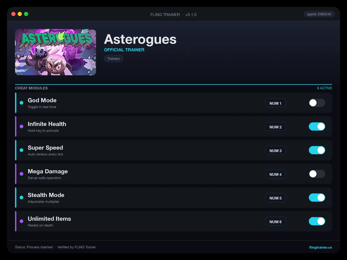 Asterogues Trainer interface