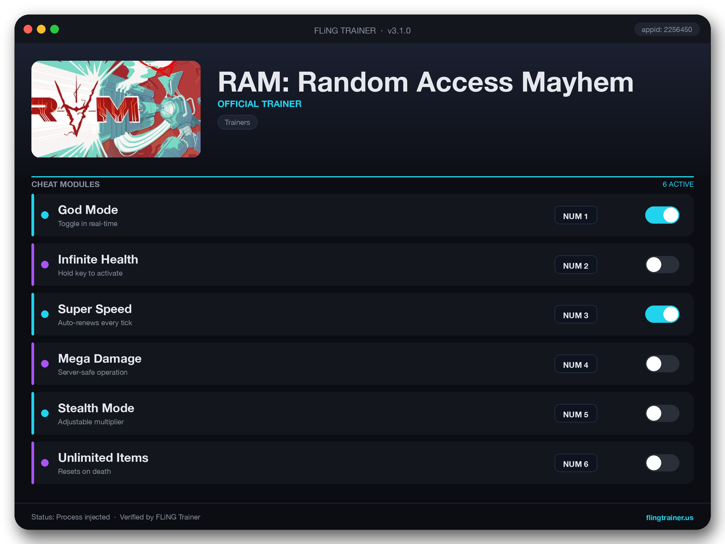 RAM: Random Access Mayhem Trainer interface