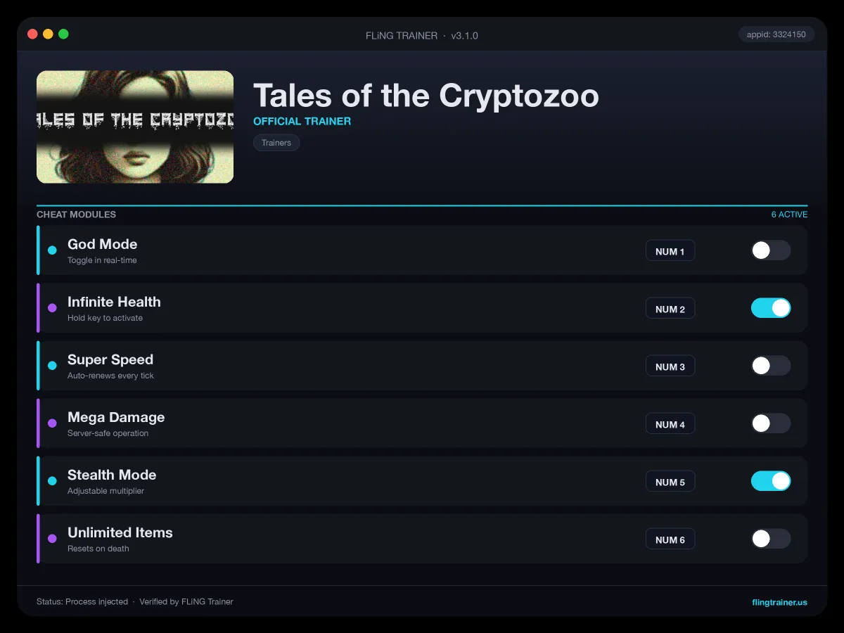 Tales of the Cryptozoo Trainer interface