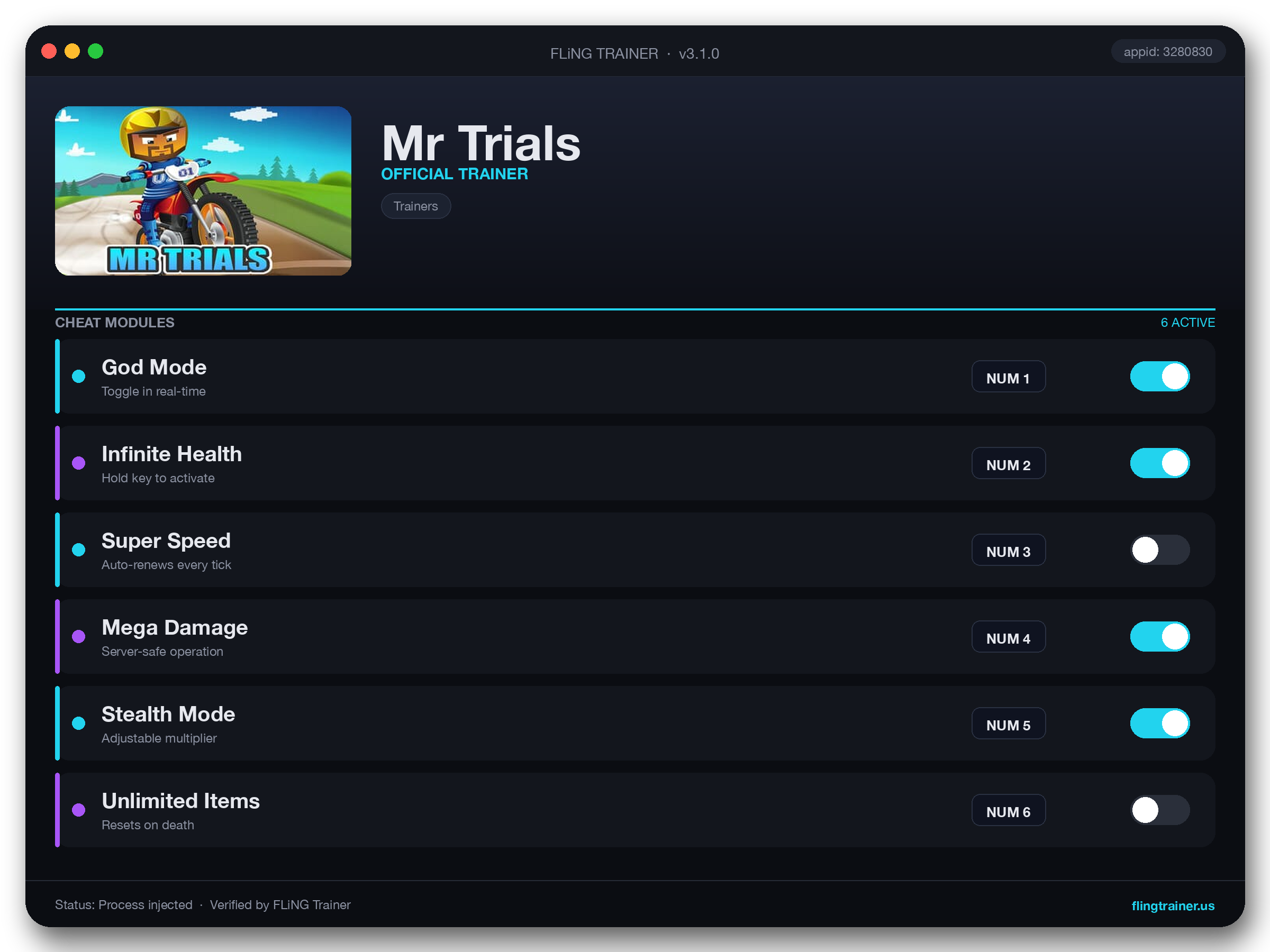 Mr Trials Trainer interface