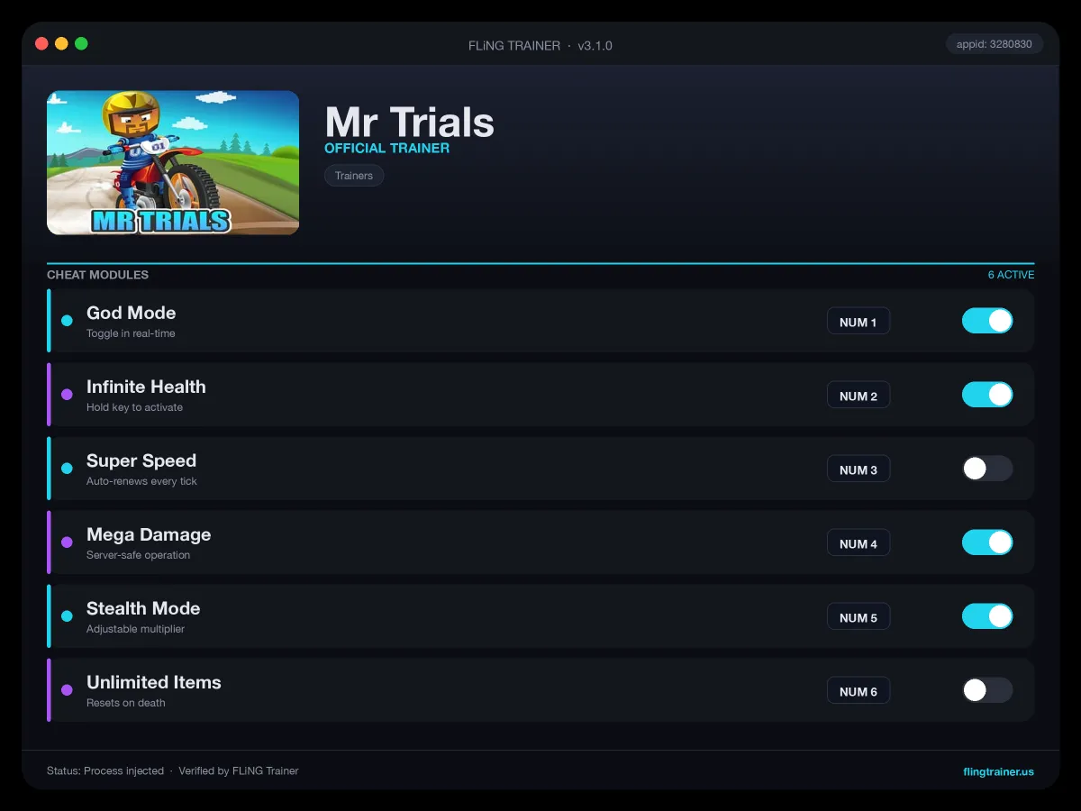 Mr Trials Trainer interface