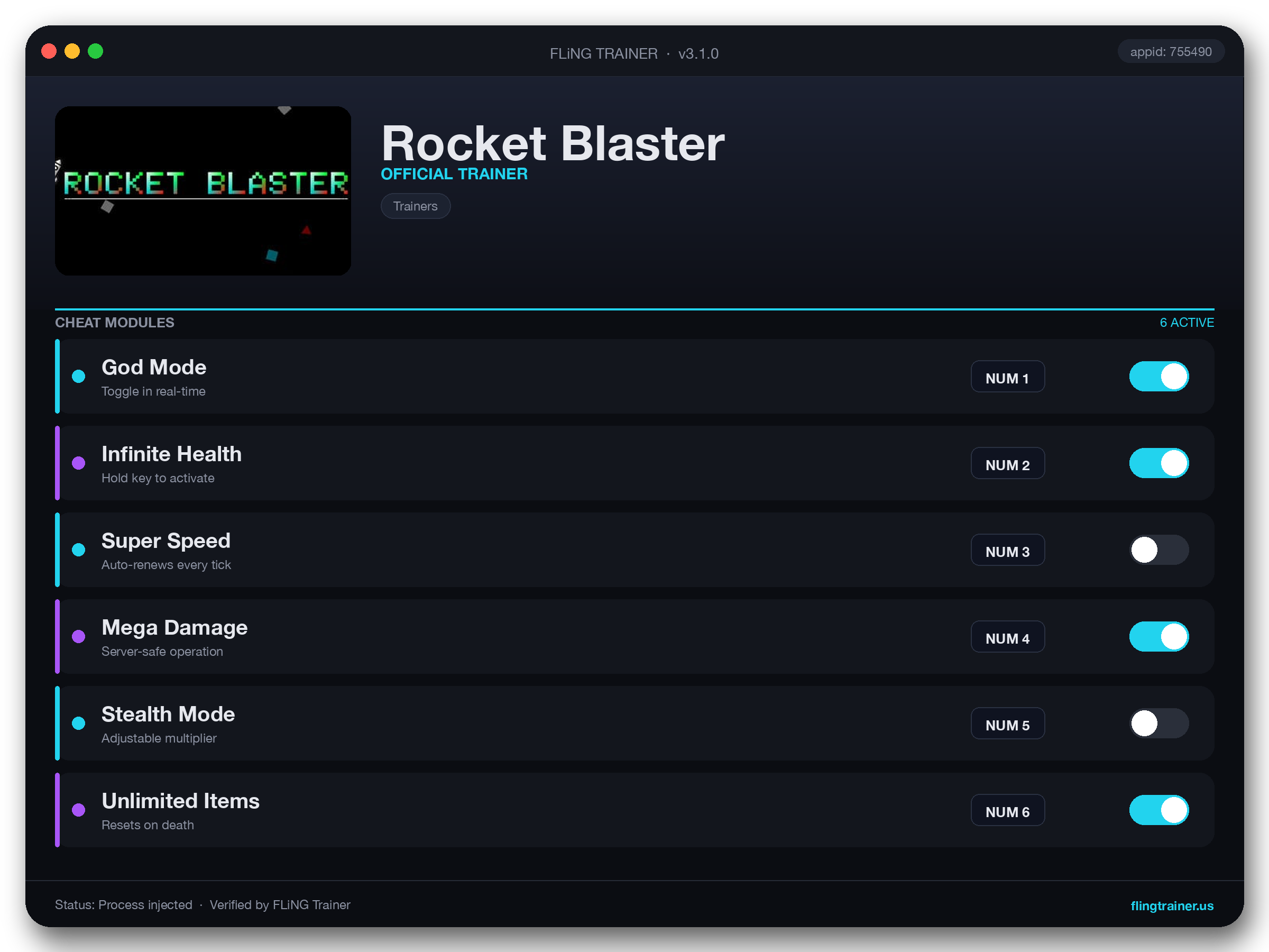 Rocket Blaster Trainer interface