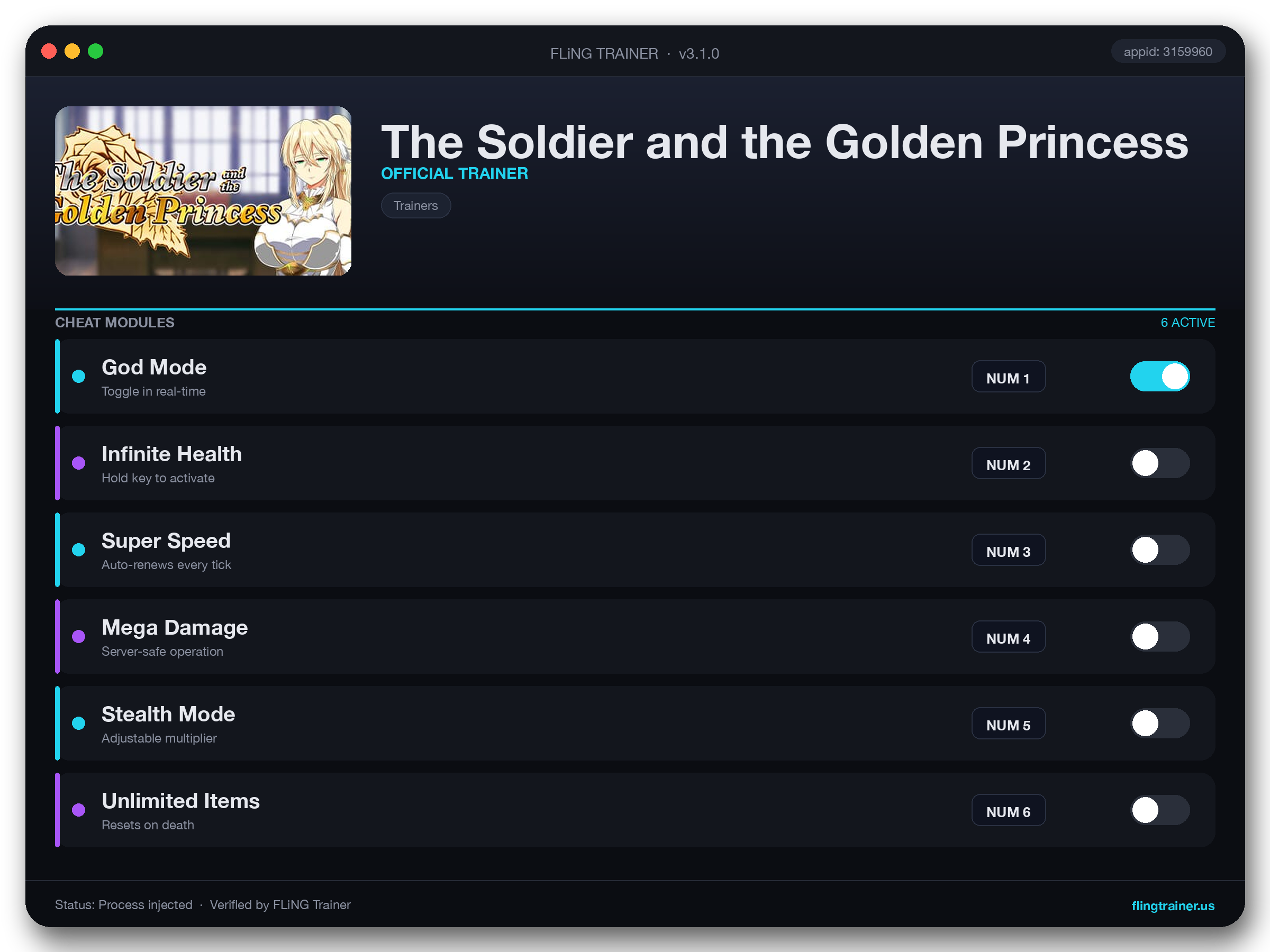 The Soldier and the Golden Princess Trainer interface