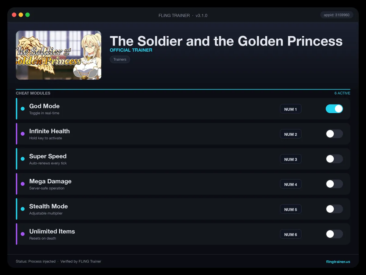 The Soldier and the Golden Princess Trainer interface