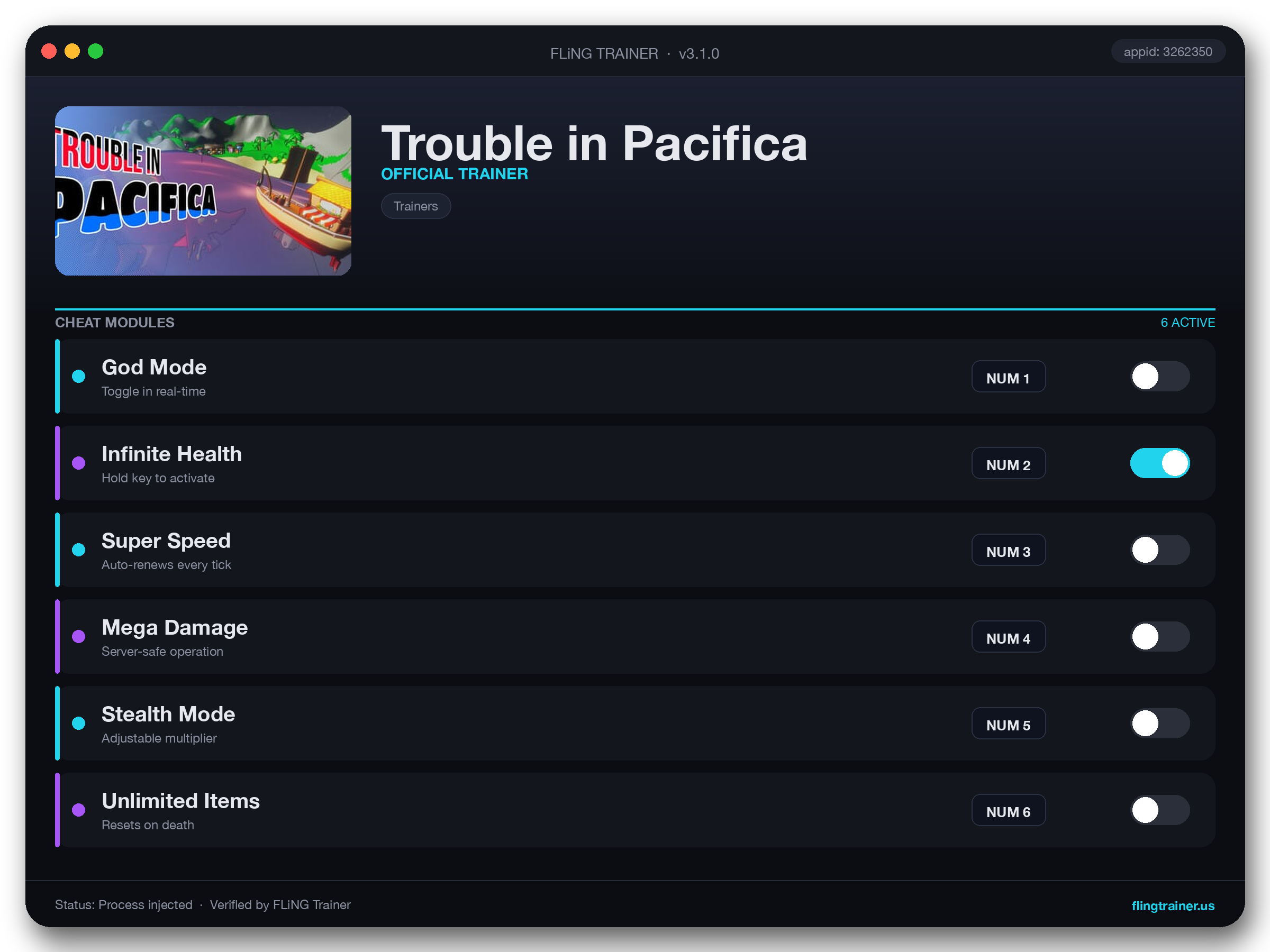 Trouble in Pacifica Trainer interface
