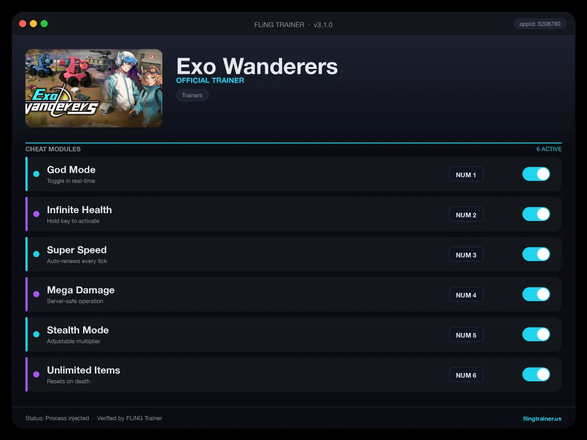 Exo Wanderers Trainer interface