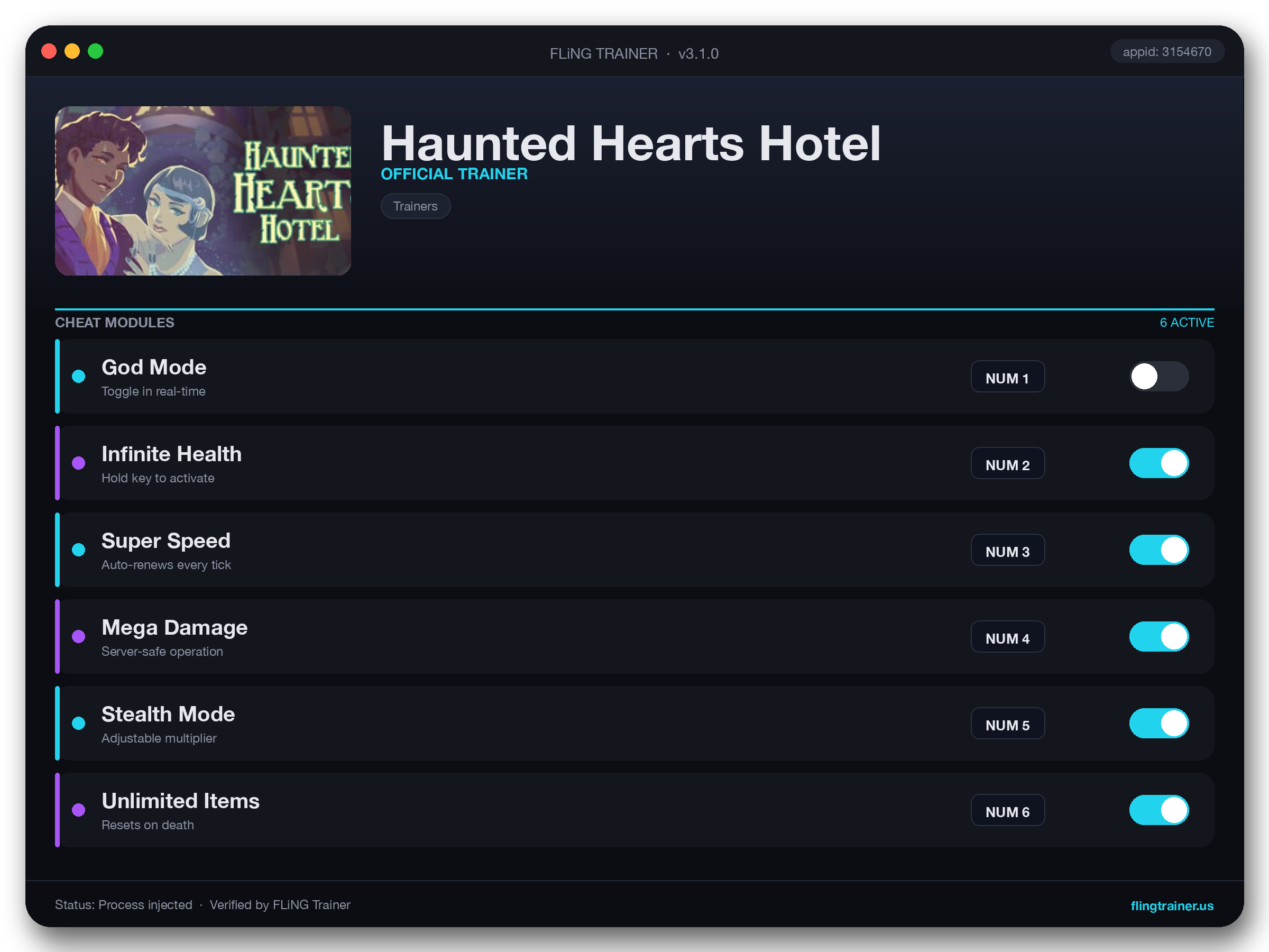 Haunted Hearts Hotel Trainer interface