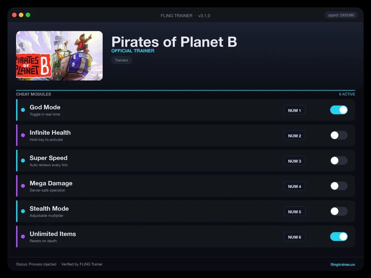 Pirates of Planet B Trainer interface