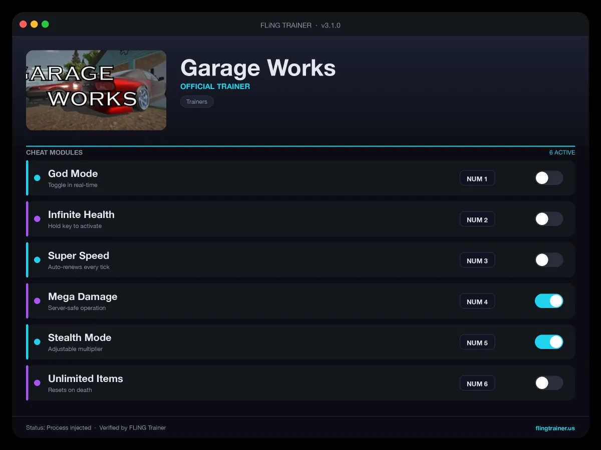 Garage Works Trainer interface