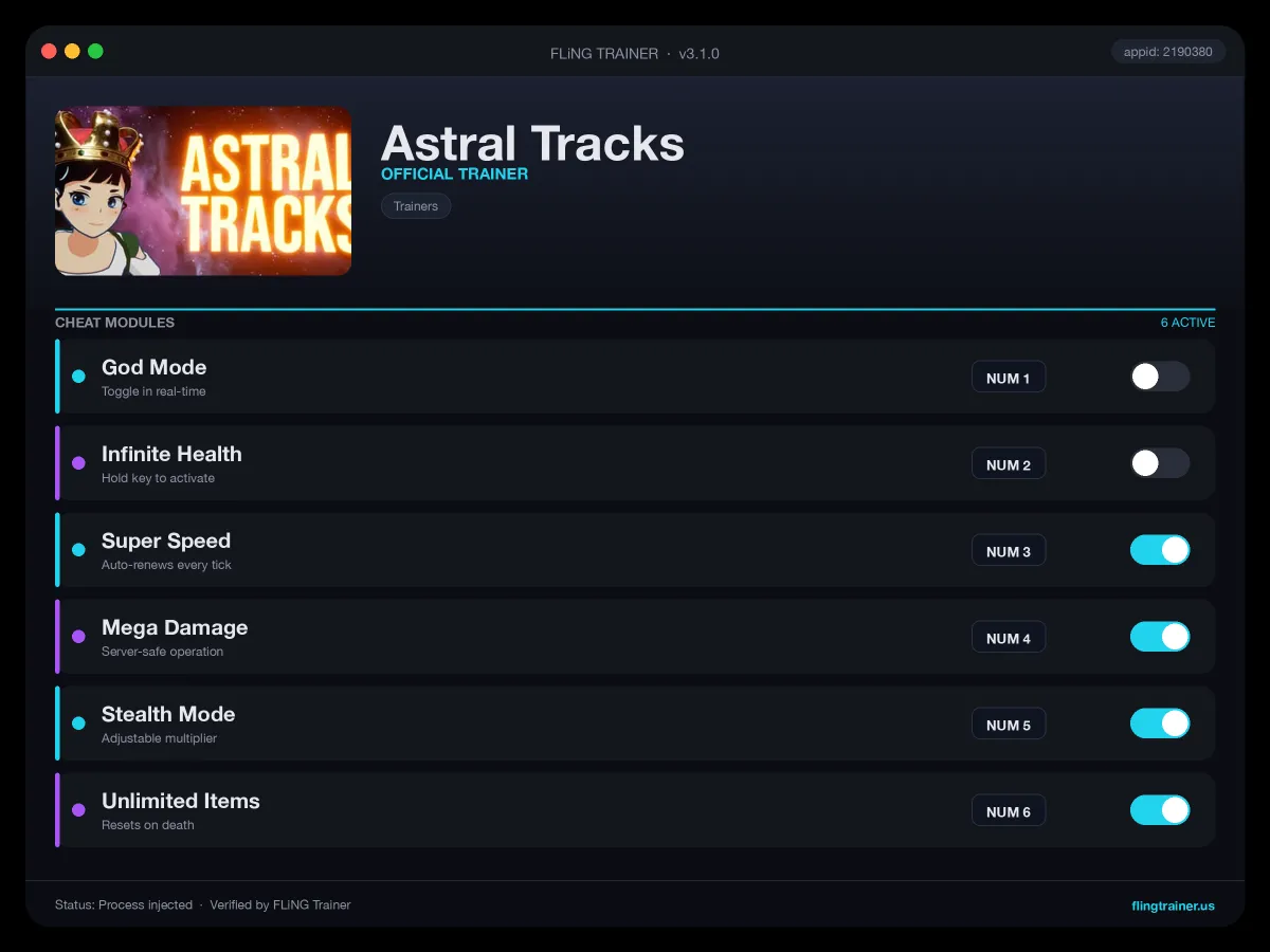 Astral Tracks Trainer interface