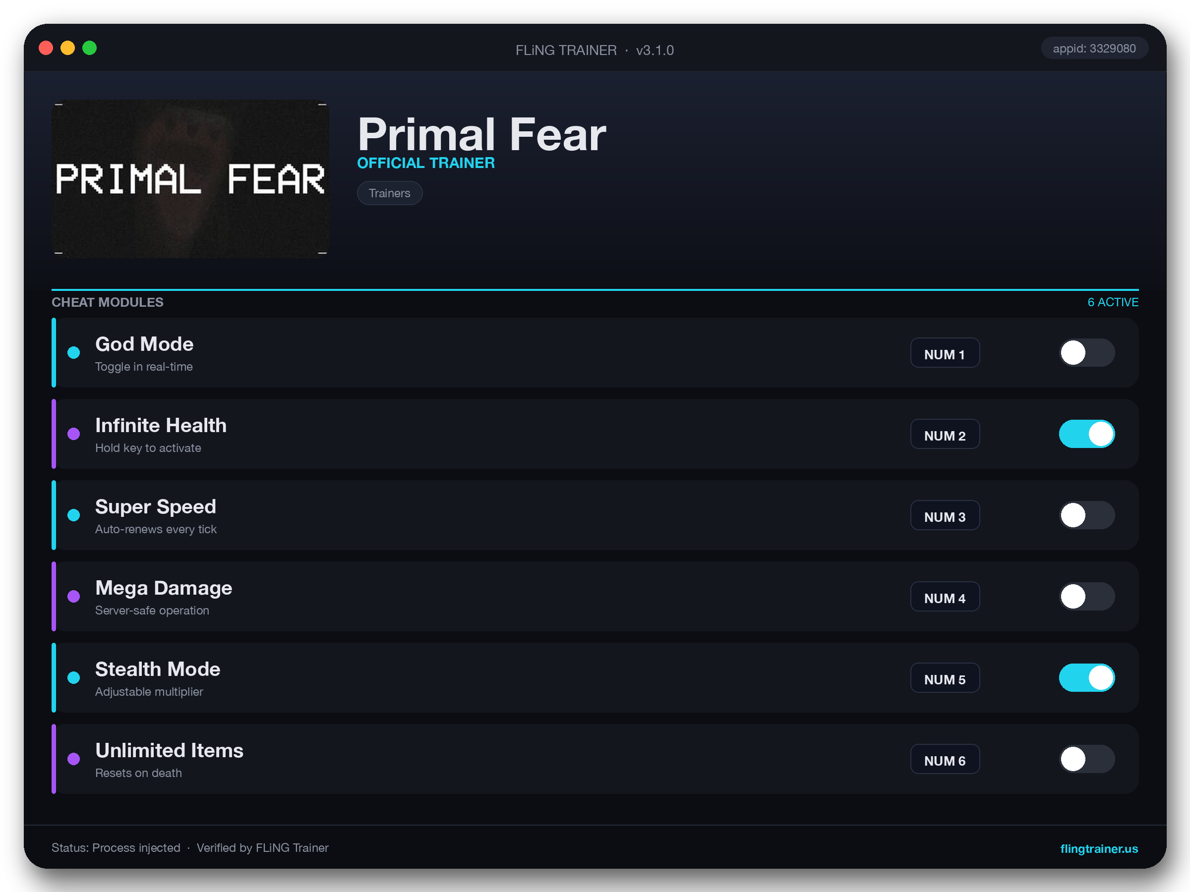 Primal Fear Trainer interface