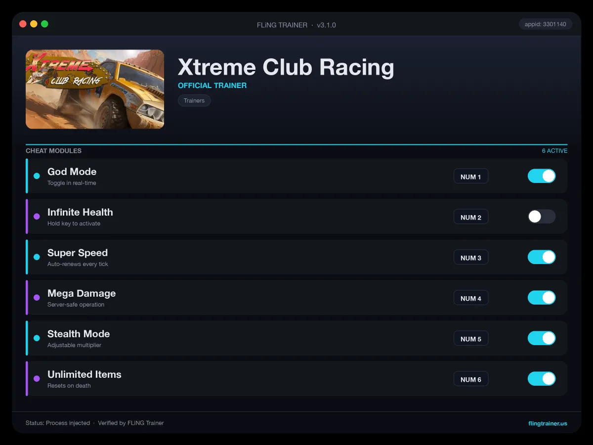 Xtreme Club Racing Trainer interface
