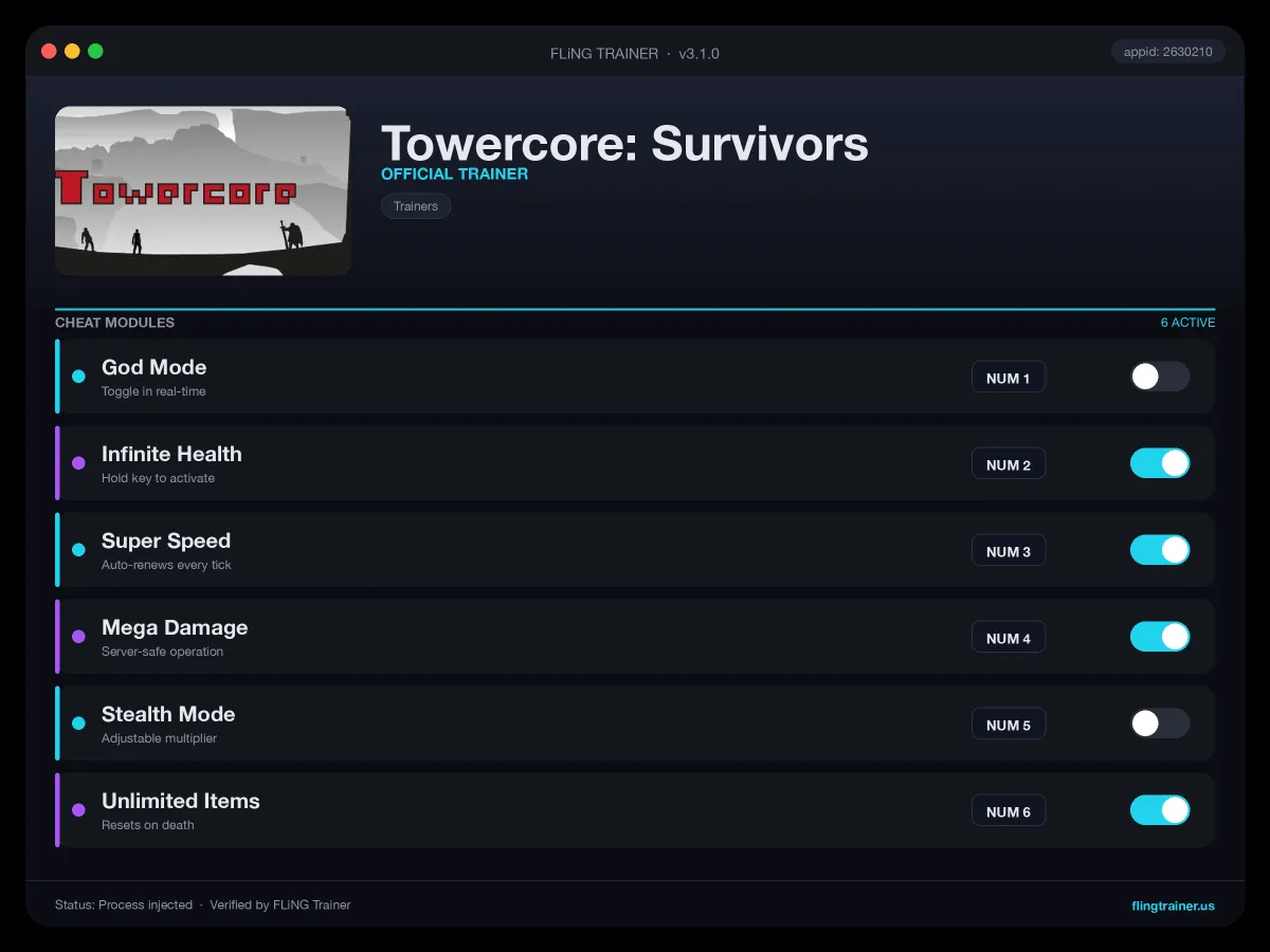 Towercore: Survivors Trainer interface