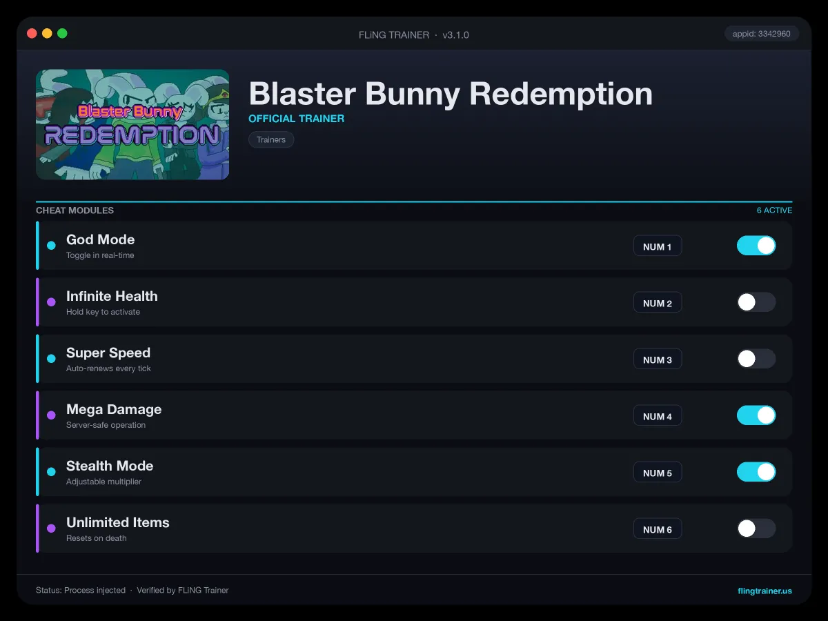 Blaster Bunny Redemption Trainer interface