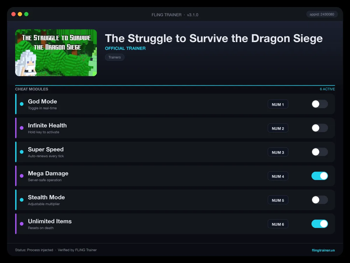 The Struggle to Survive the Dragon Siege Trainer interface