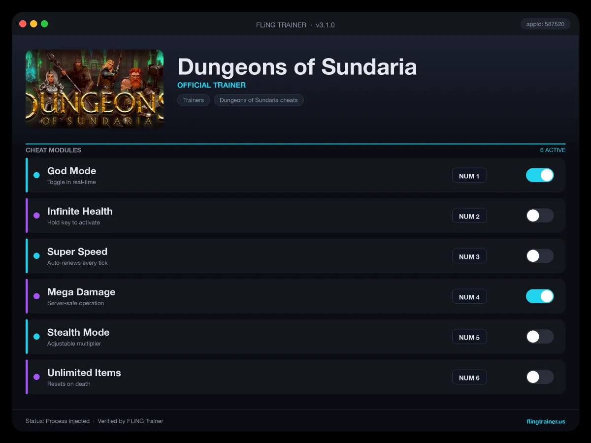 Dungeons of Sundaria Trainer interface