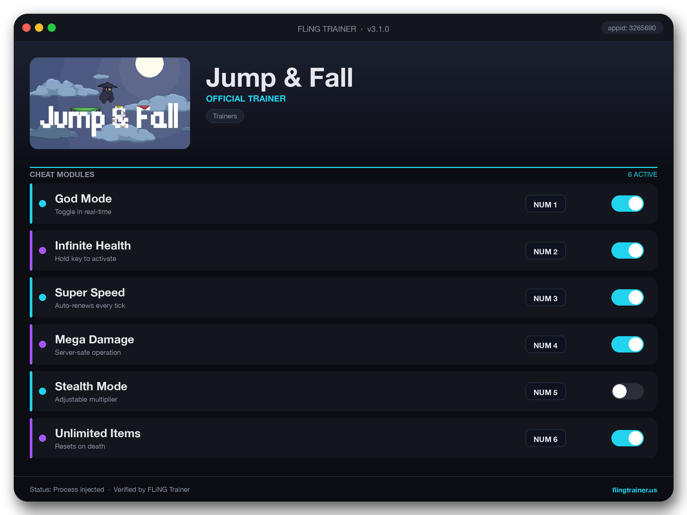 Jump & Fall Trainer interface