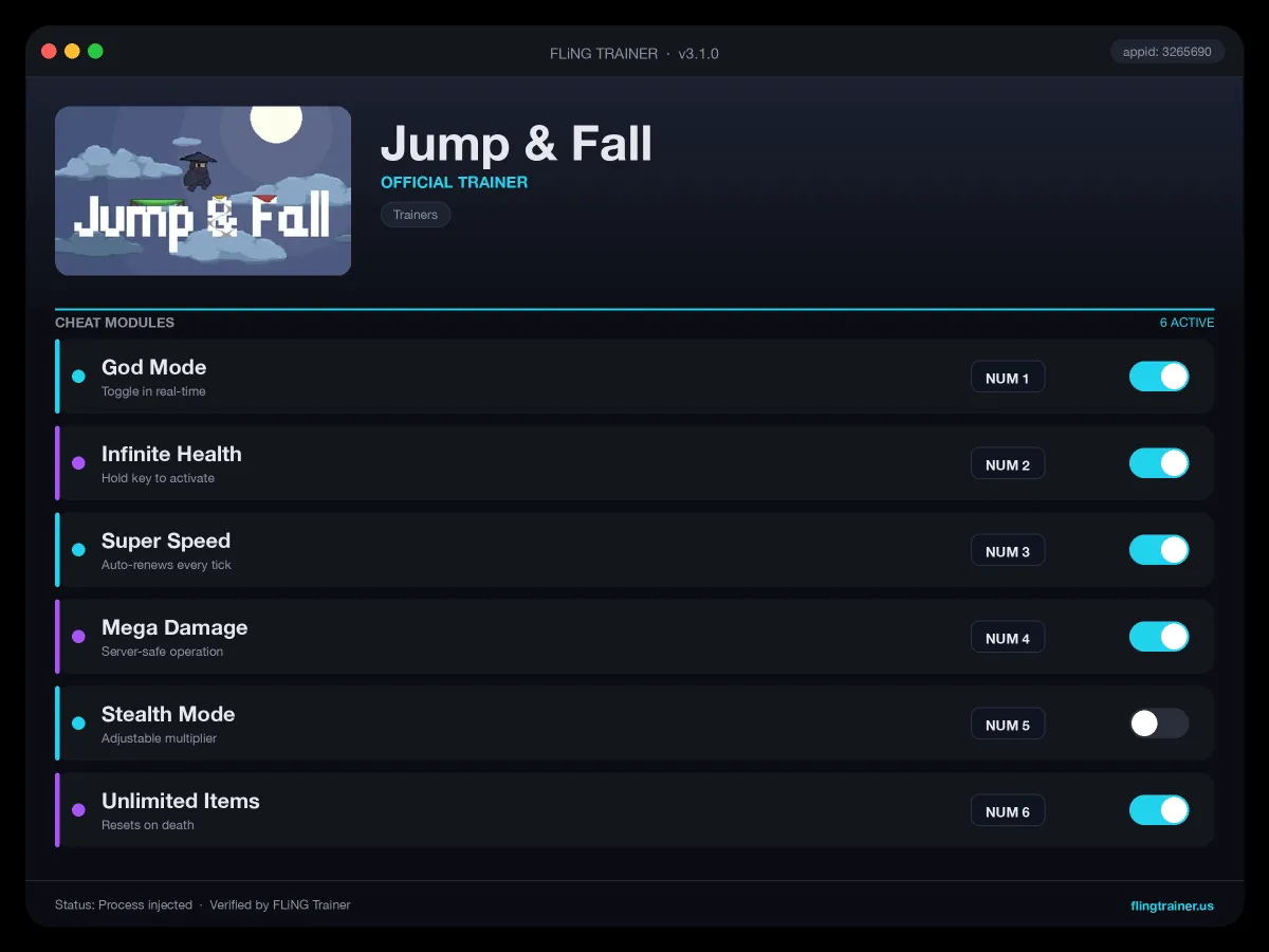 Jump & Fall Trainer interface