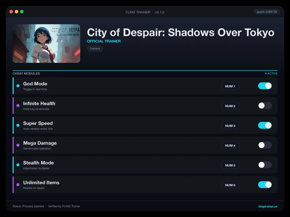 City of Despair: Shadows Over Tokyo Trainer interface
