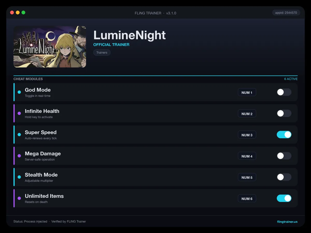 LumineNight Trainer interface