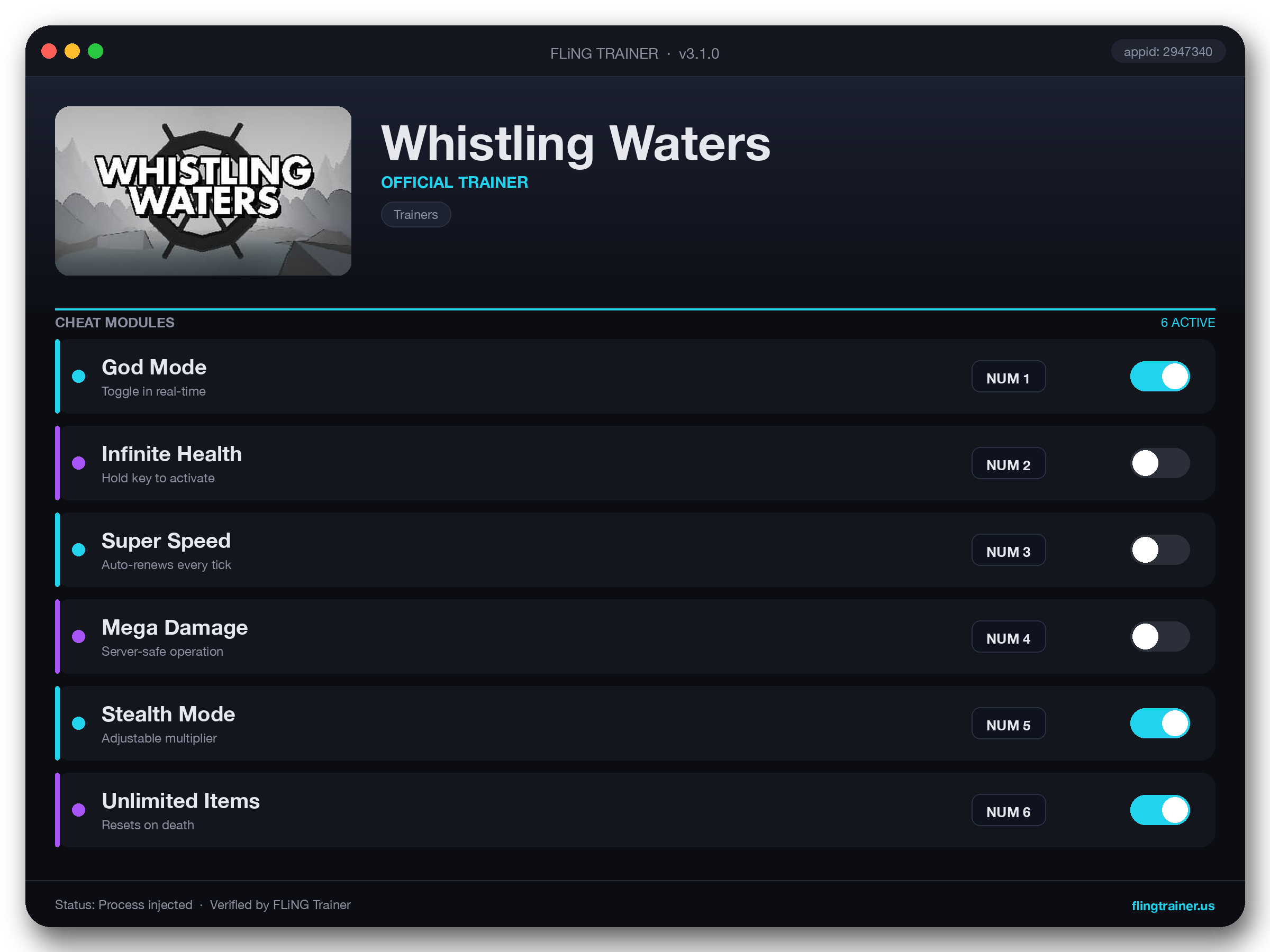 Whistling Waters Trainer interface