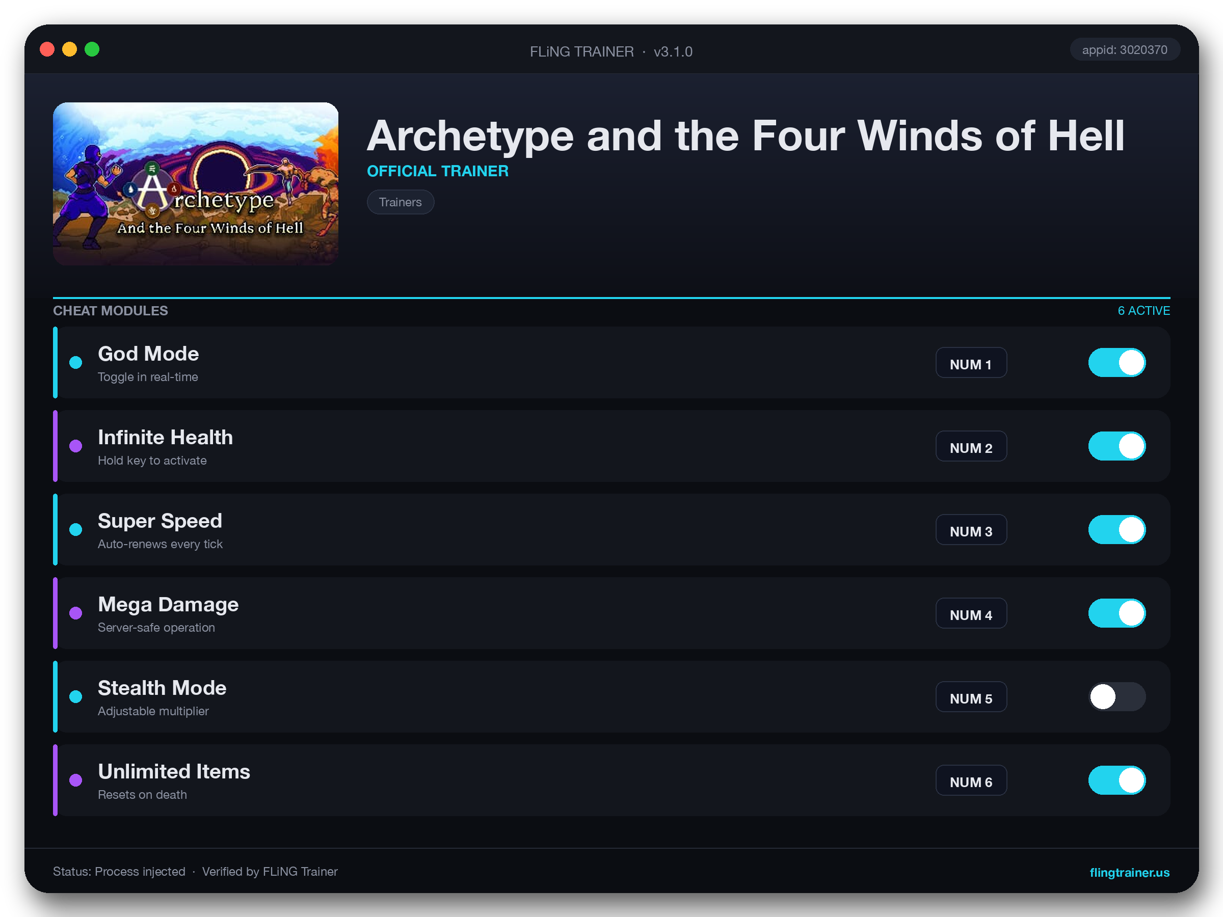 Archetype and the Four Winds of Hell Trainer interface