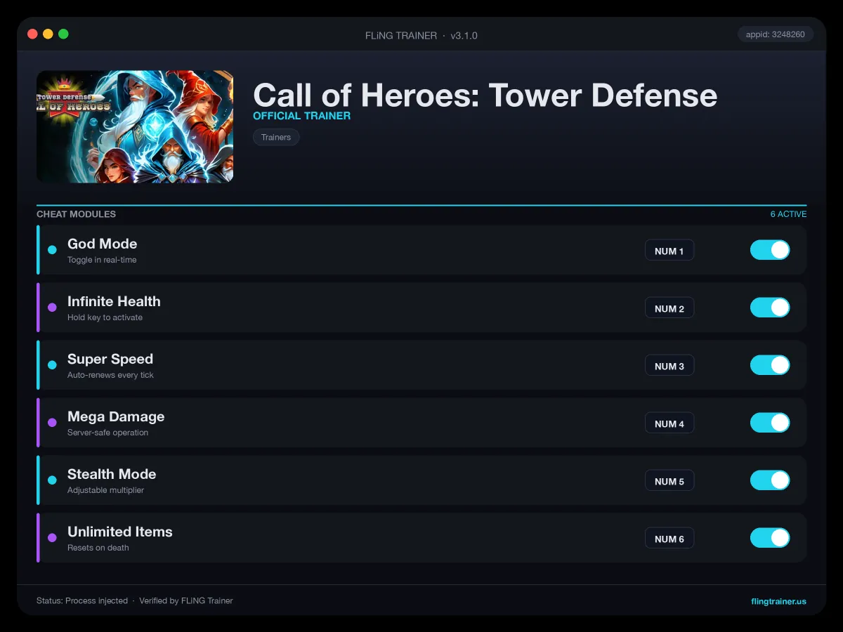 Call of Heroes: Tower Defense Trainer interface