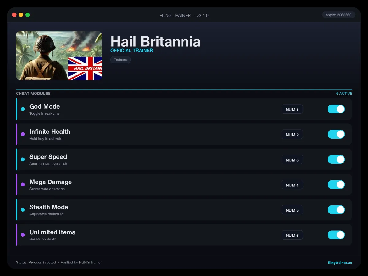 Hail Britannia Trainer interface