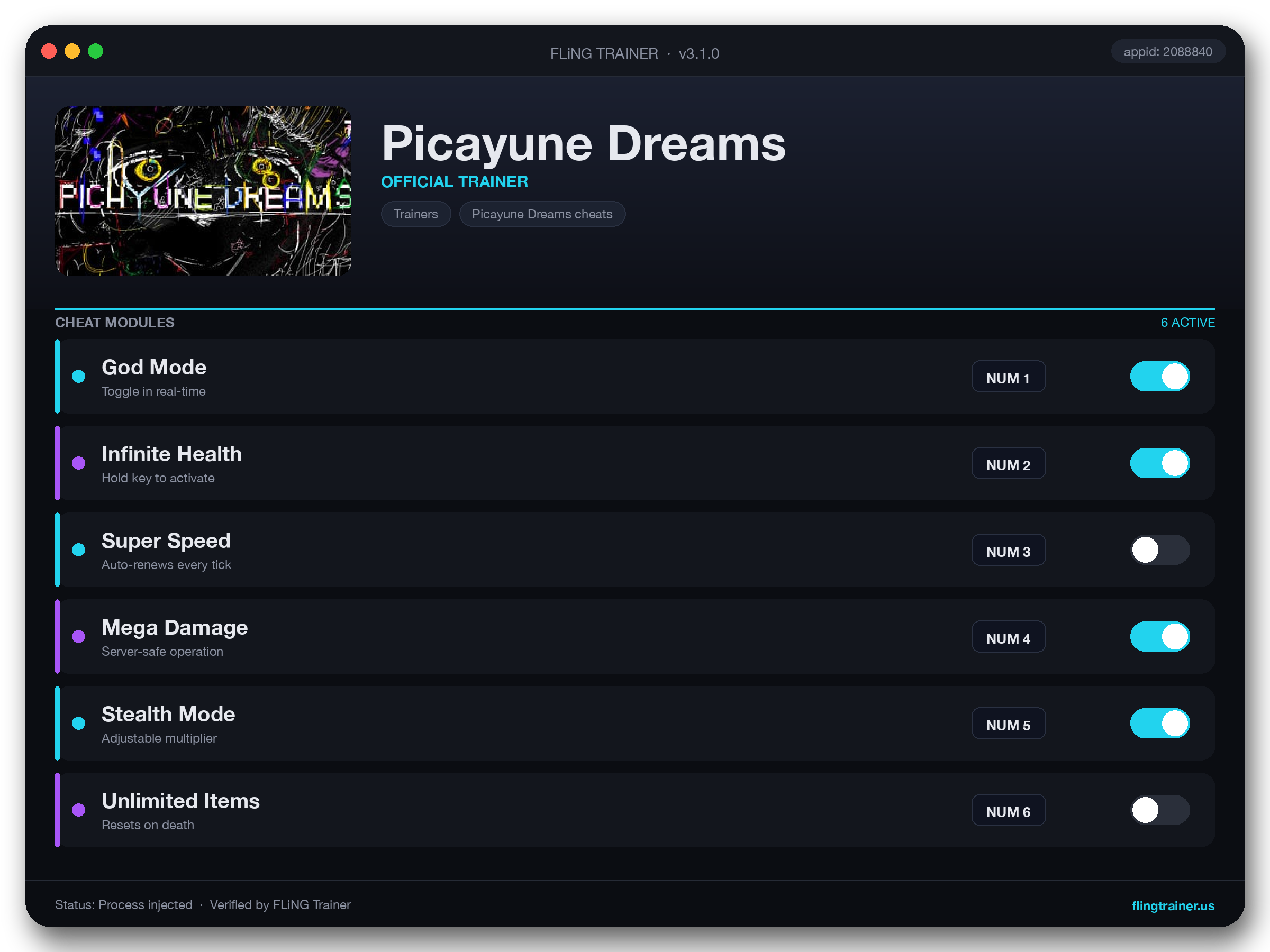 Picayune Dreams Trainer interface