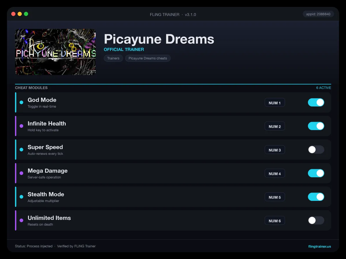 Picayune Dreams Trainer interface