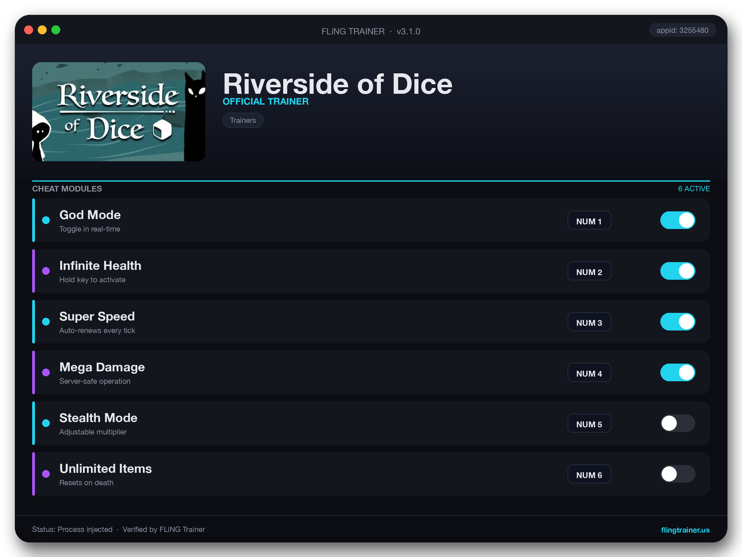 Riverside of Dice Trainer interface