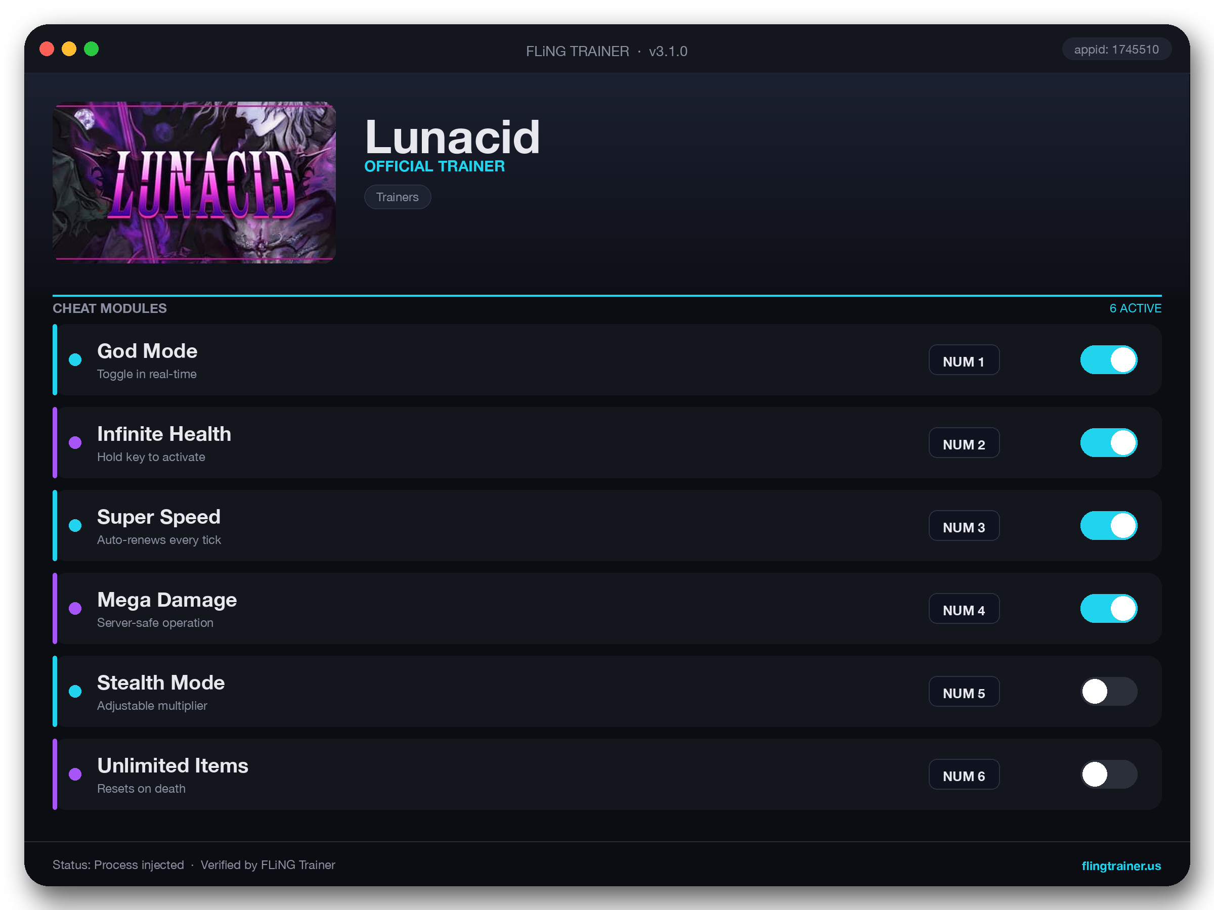 Lunacid Trainer interface