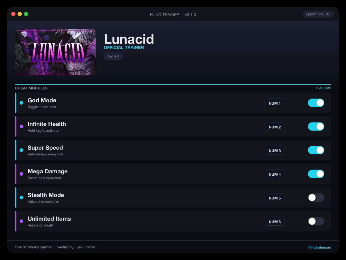 Lunacid Trainer interface