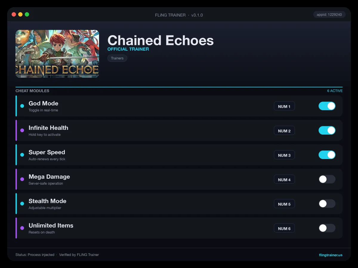 Chained Echoes Trainer interface